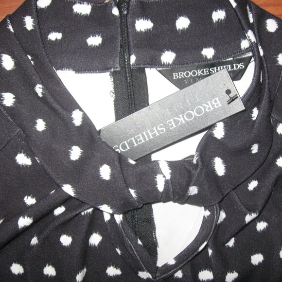 BROOKE SHIELDS TIMELESS Black & White Dot S Keyhole Knot Neck Top Blouse - Picture 4 of 5